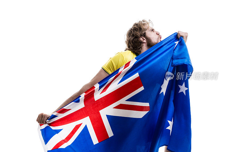 澳大利亚男运动员/粉丝在白色背景下庆祝